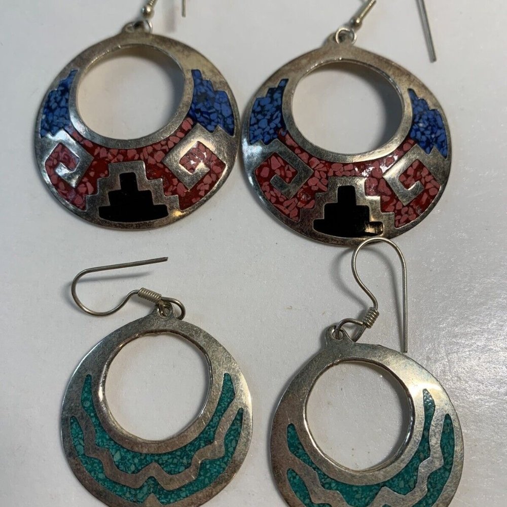 2 Vintage Alpaca Pair Mexican Silver Alloy Crushed Turquoise Earrings 14 Gram